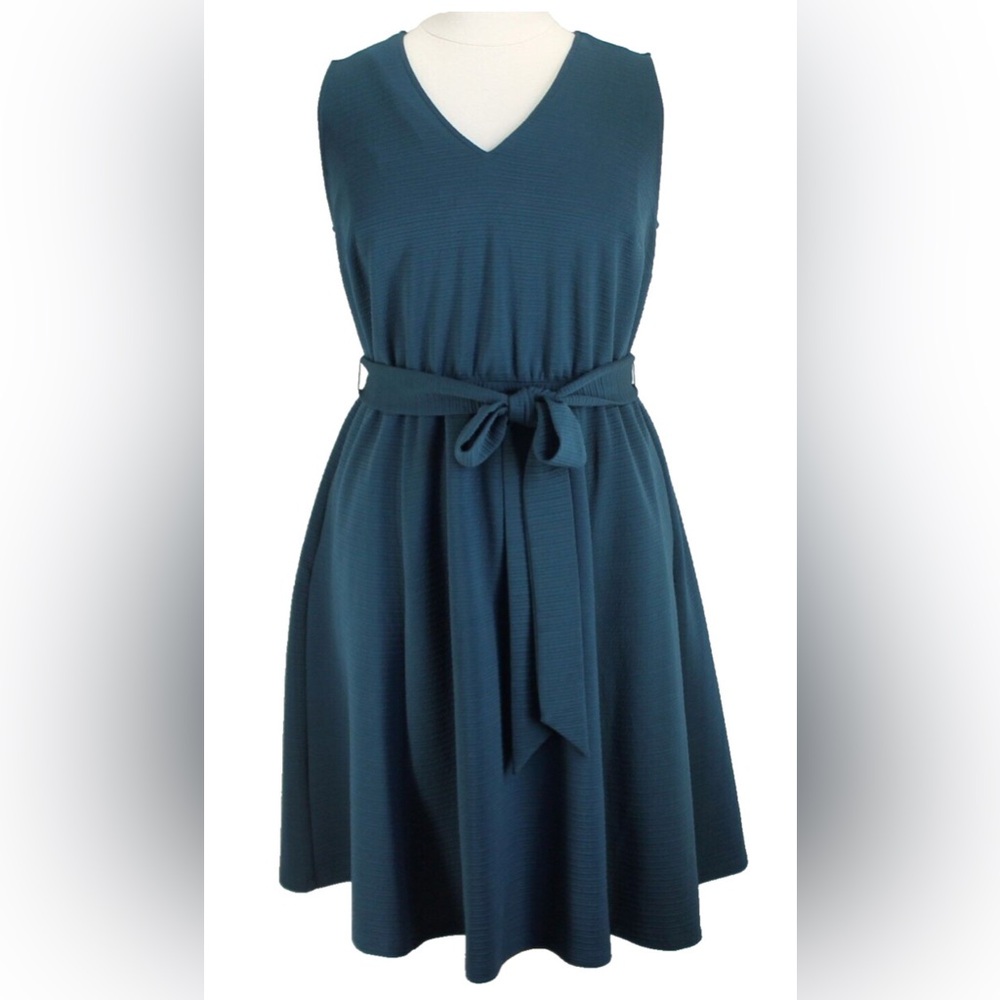 Lane Bryant Dress Womens Turquoise Sleeveless V Neck Belted Fit and Flare